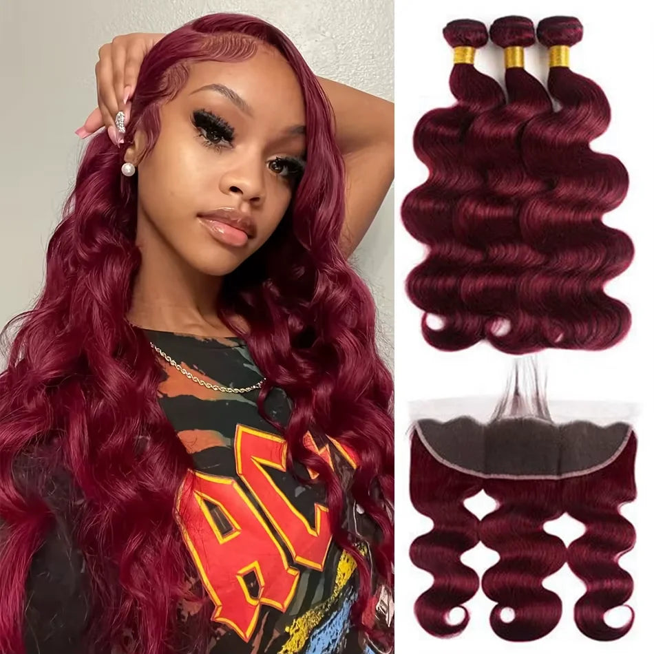 30 Inches Burgundy 99J Body Wave Bundles Colored Wine Human Hair Bundles 4x4 Closure Brazilian Remy Virgin Hair Weave Extensions