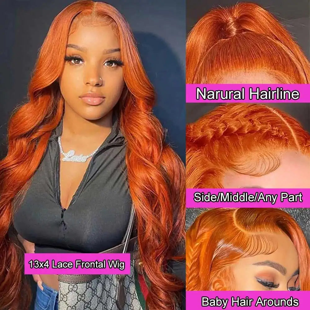 Ginger Body Wave Human Hair Wigs 13x4 HD Lace Frontal Wigs For Women Colored Orange 350 Wet And Wavy Lace Front Human Hair Wigs