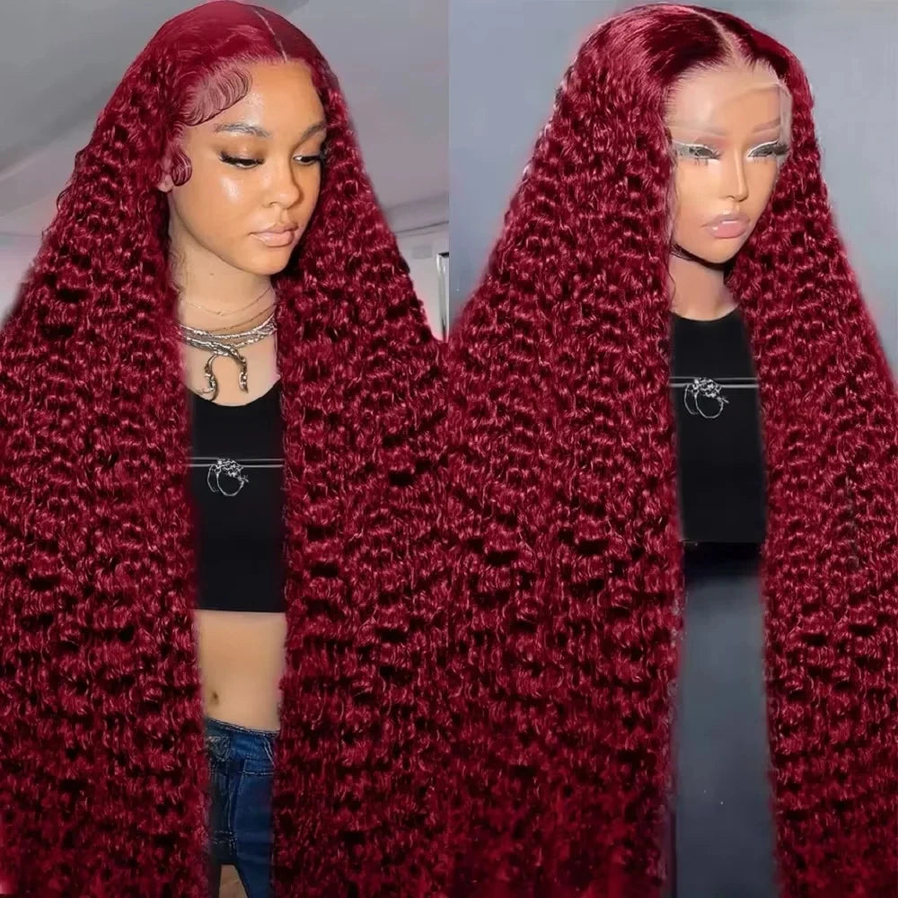 46 Inch 99J Deep Wave Wigs Highlight Colored 100% Human Hair 13x6 HD Transparent Lace Frontal Wigs Brazilian Hair Wigs For Women