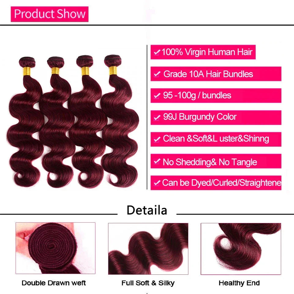 16A Burgundy 99j Body Wave Bundles Red Colored Human Hair Bundles 1/3/4 PCS Brazilian Virgin Hair Weave Extension For Women
