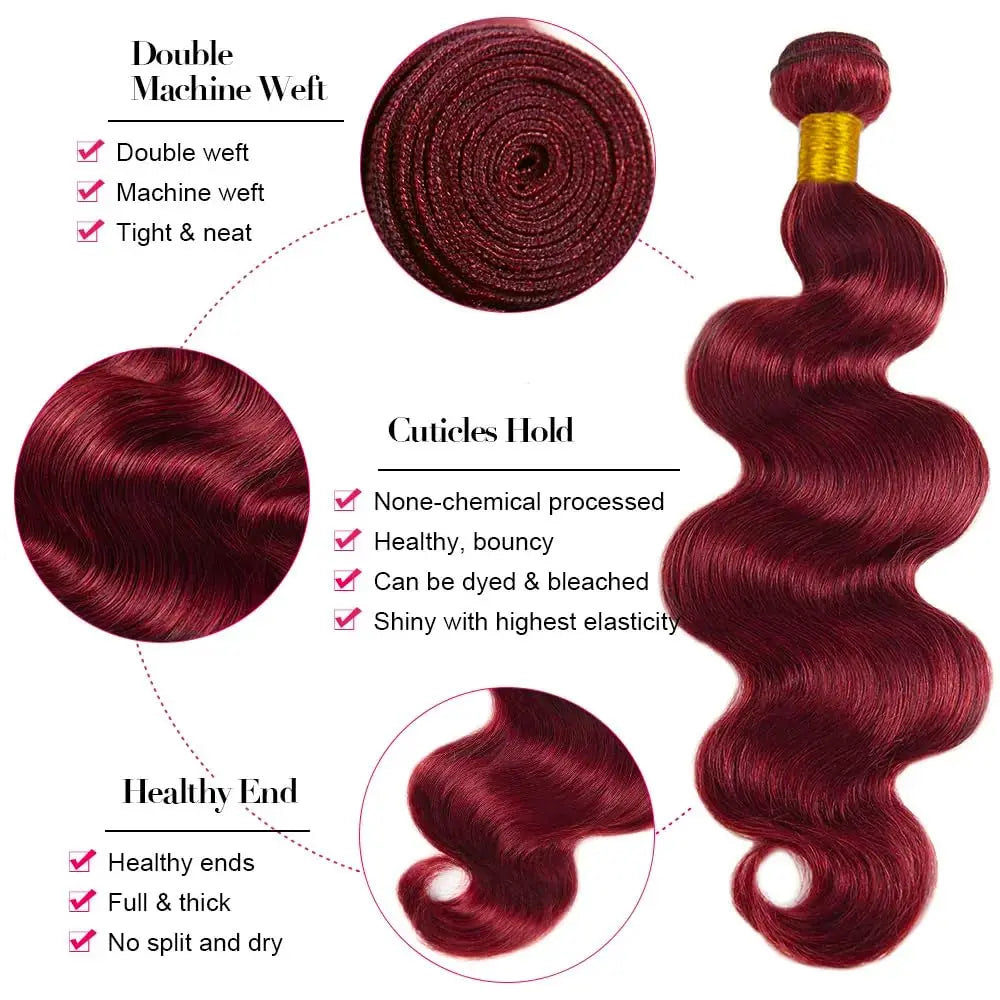 30 Inches Burgundy 99J Body Wave Bundles Colored Wine Human Hair Bundles 4x4 Closure Brazilian Remy Virgin Hair Weave Extensions