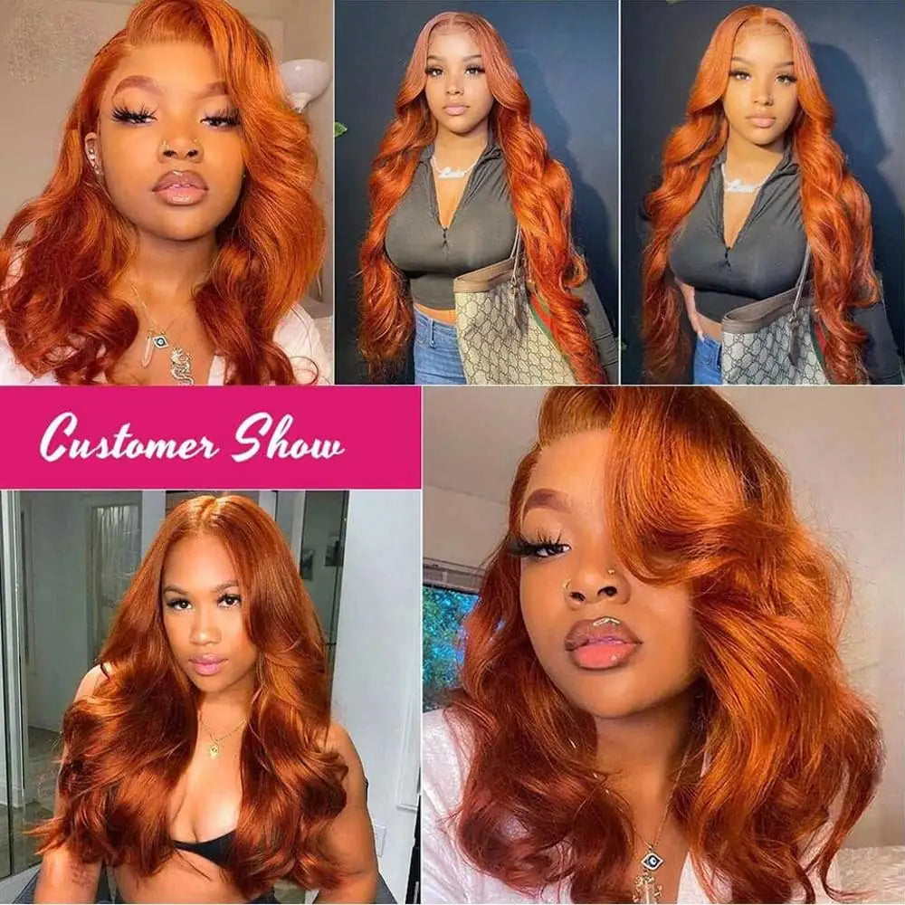 Ginger Body Wave Human Hair Wigs 13x4 HD Lace Frontal Wigs For Women Colored Orange 350 Wet And Wavy Lace Front Human Hair Wigs