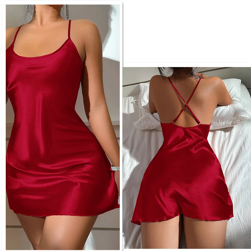 Valentine's Day sexy backless ice silk slip dress summer pajamas short women's home dress simulation silk nightdress casual nigh