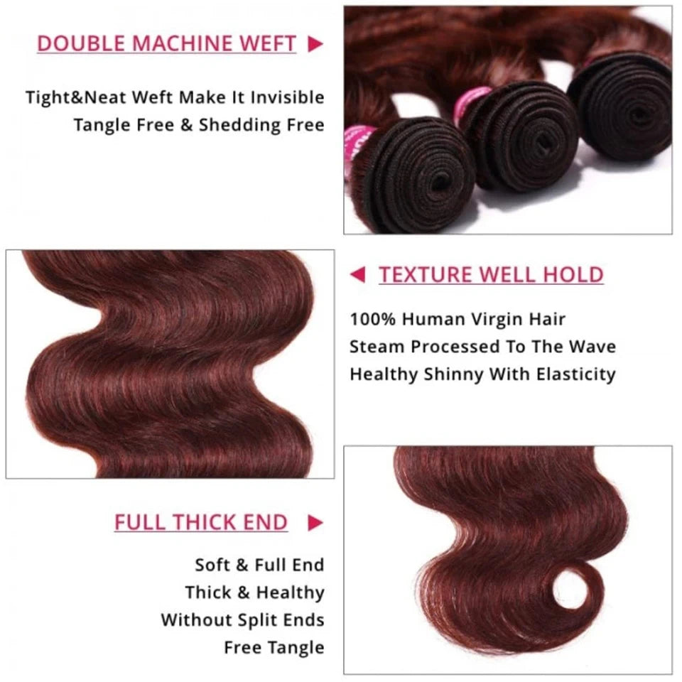 #33 Reddish Auburn Brown Body Wave Human Hair Bundles Virgin Raw Hair Extensions For Women Thick Double Weft And Wet For Women