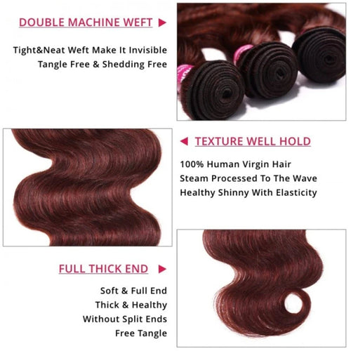 #33 Reddish Auburn Brown Body Wave Human Hair Bundles Virgin Raw Hair Extensions For Women Thick Double Weft And Wet For Women