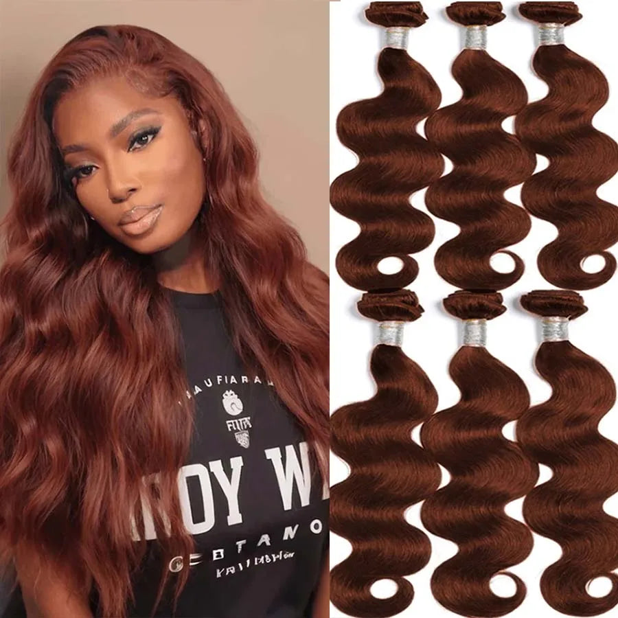 #33 Reddish Auburn Brown Body Wave Human Hair Bundles Virgin Raw Hair Extensions For Women Thick Double Weft And Wet For Women